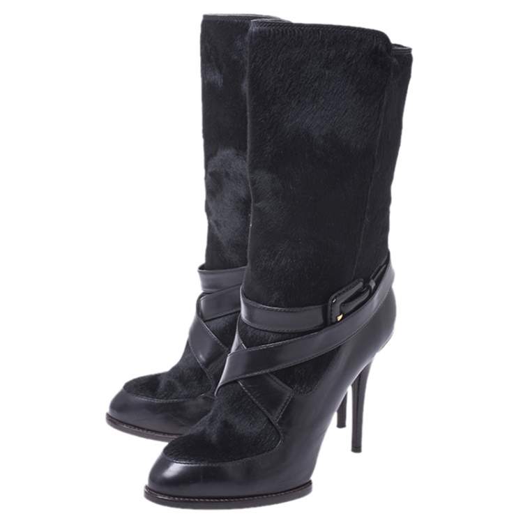 Pre Owned Tod's Black Leather And Pony Hair Buckle Mid Calf Boots Size 37