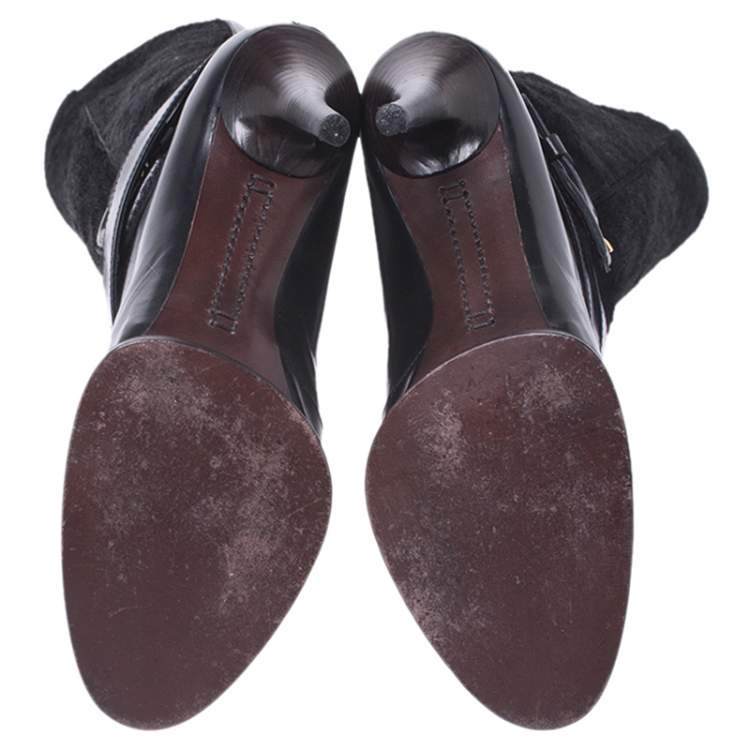 Pre Owned Tod's Black Leather And Pony Hair Buckle Mid Calf Boots Size 37