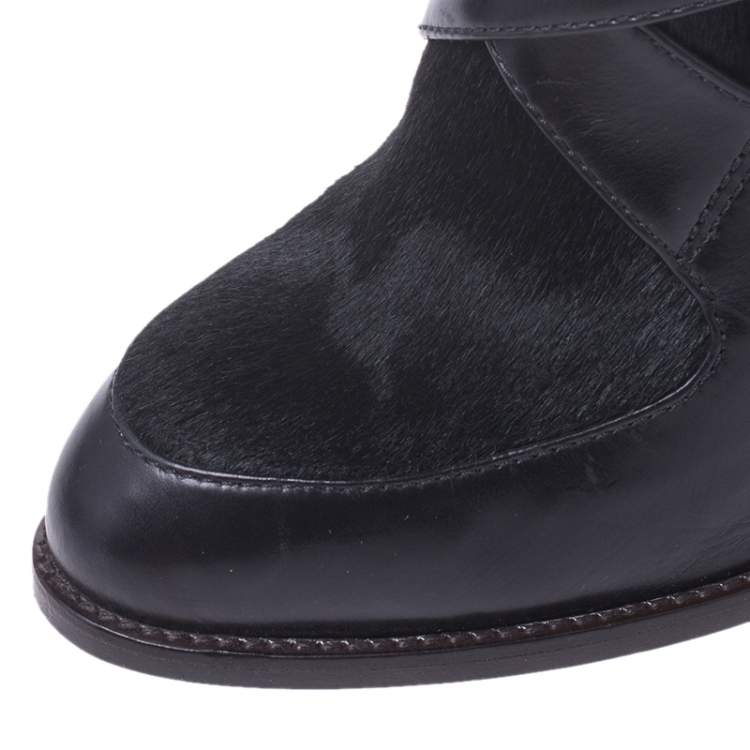 Pre Owned Tod's Black Leather And Pony Hair Buckle Mid Calf Boots Size 37