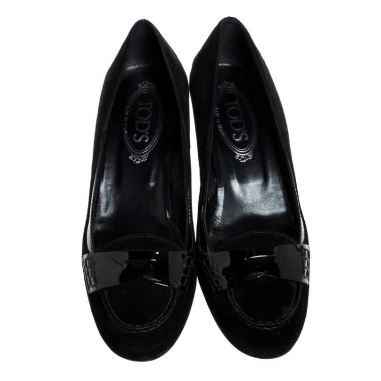 Tod's Black Suede And Patent Leather Penny Loafer Pumps Size 38.5 Tod's ...