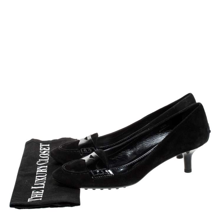 Pre Owned Tod's Black Suede And Patent Leather Penny Loafer Pumps Size 38.5