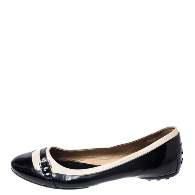 Pre Owned Tod's Black/White Patent Leather And Leather Buckle Detail Ballet Flats Size 40