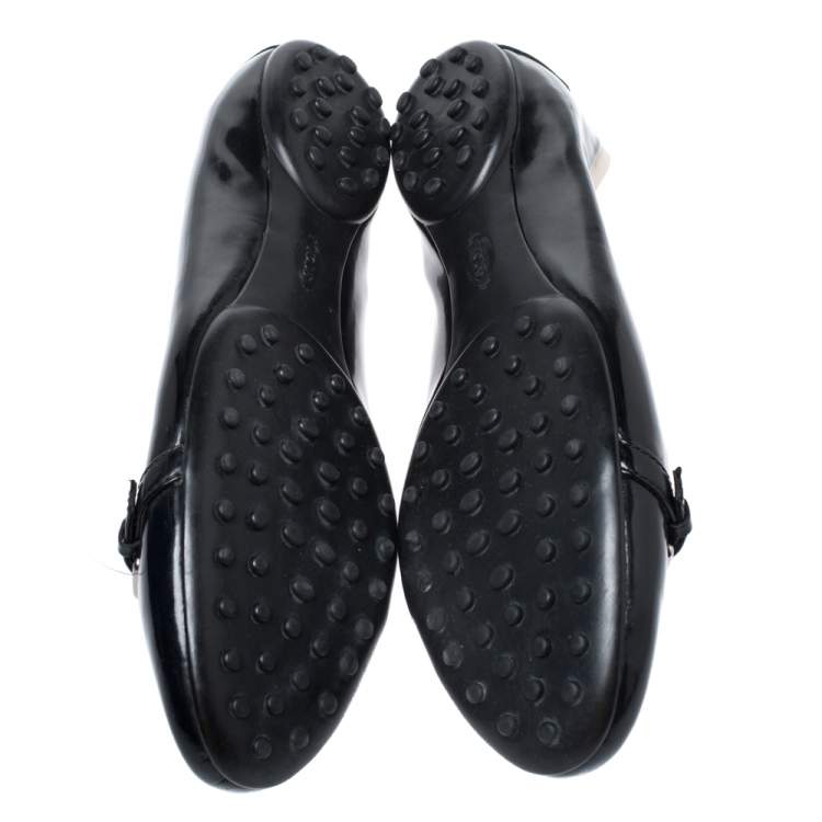 Pre Owned Tod's Black/White Patent Leather And Leather Buckle Detail Ballet Flats Size 40