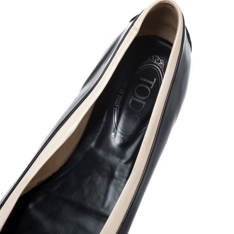 Pre Owned Tod's Black/White Patent Leather And Leather Buckle Detail Ballet Flats Size 40