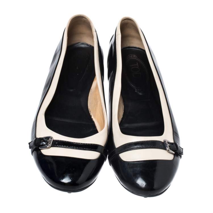 Pre Owned Tod's Black/White Patent Leather And Leather Buckle Detail Ballet Flats Size 40
