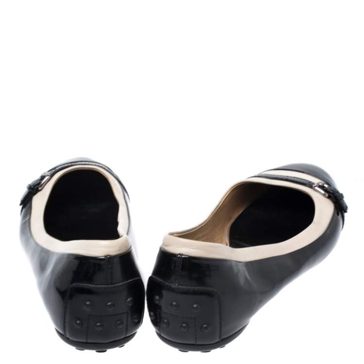 Pre Owned Tod's Black/White Patent Leather And Leather Buckle Detail Ballet Flats Size 40
