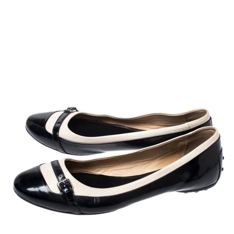 Pre Owned Tod's Black/White Patent Leather And Leather Buckle Detail Ballet Flats Size 40