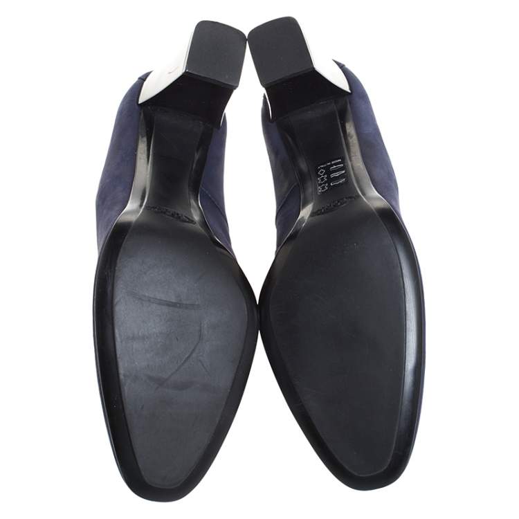 Pre Owned Tod's Navy Blue Nubuck Studded Block Heel Round Toe Pumps Size 36