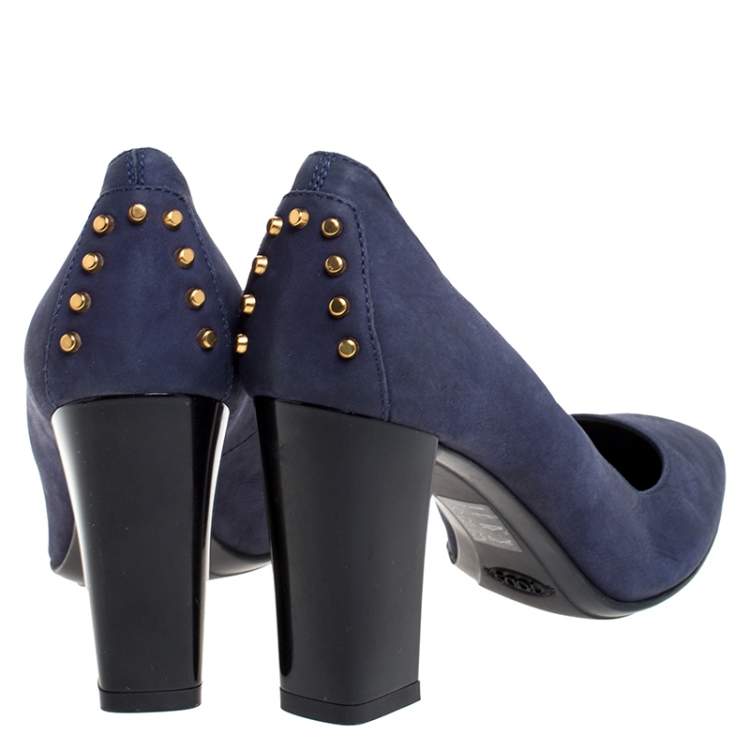 Pre Owned Tod's Navy Blue Nubuck Studded Block Heel Round Toe Pumps Size 36