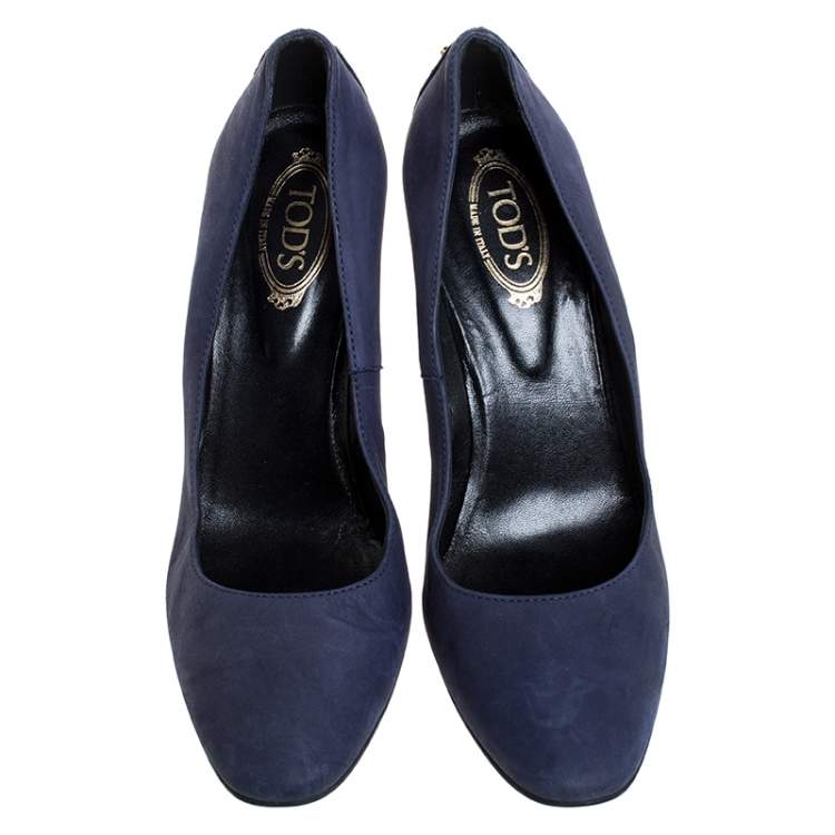 Pre Owned Tod's Navy Blue Nubuck Studded Block Heel Round Toe Pumps Size 36