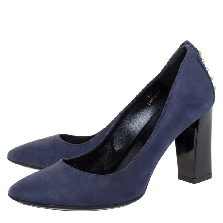 Pre Owned Tod's Navy Blue Nubuck Studded Block Heel Round Toe Pumps Size 36