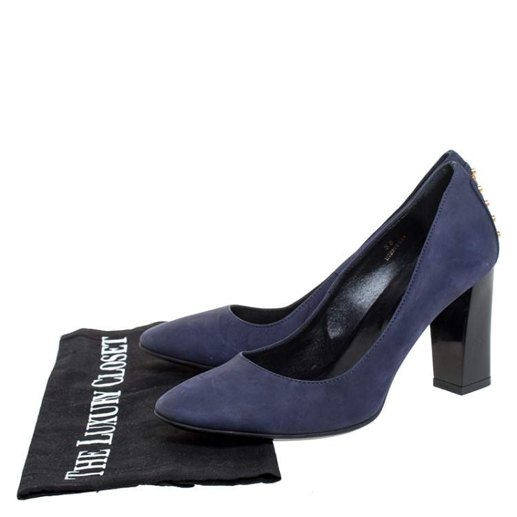Pre Owned Tod's Navy Blue Nubuck Studded Block Heel Round Toe Pumps Size 36
