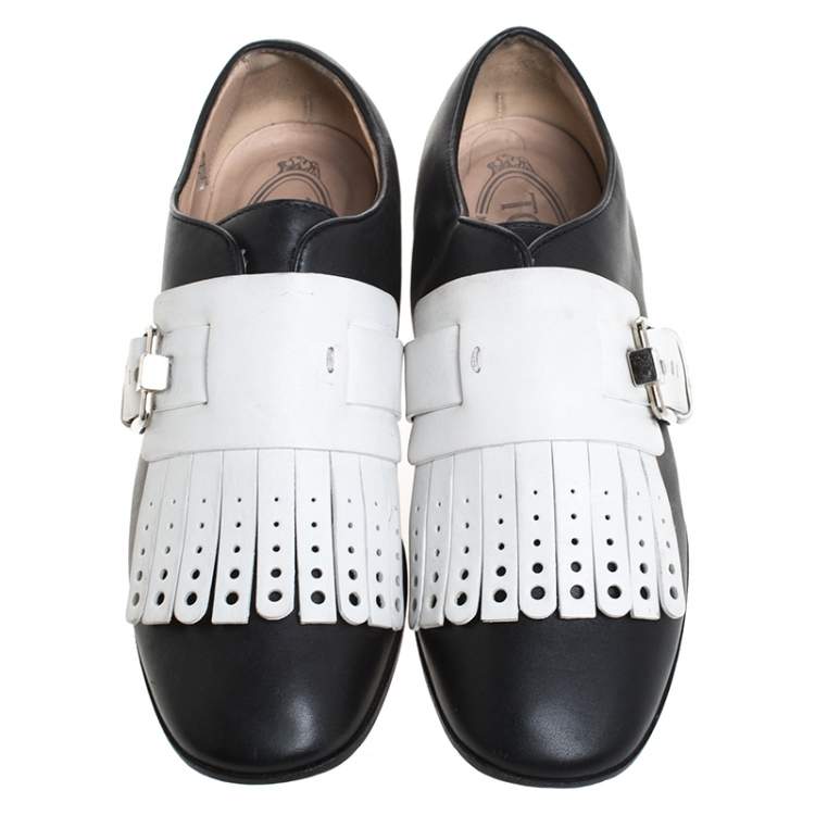 Pre Owned Tod's Bi Color Leather Fringe Detail Monk Flats Size 36