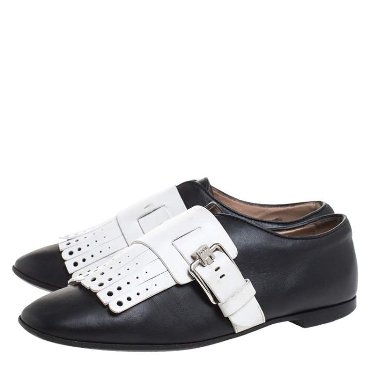 Pre Owned Tod's Bi Color Leather Fringe Detail Monk Flats Size 36