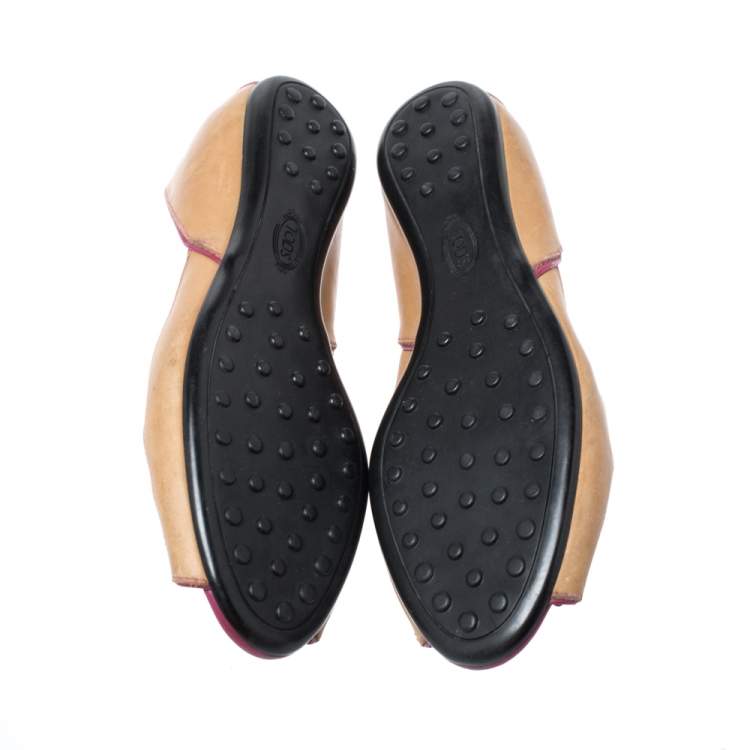 Pre Owned Tod's Brown Leather And Patent Trim Peep Toe Ballet Flats Size 37