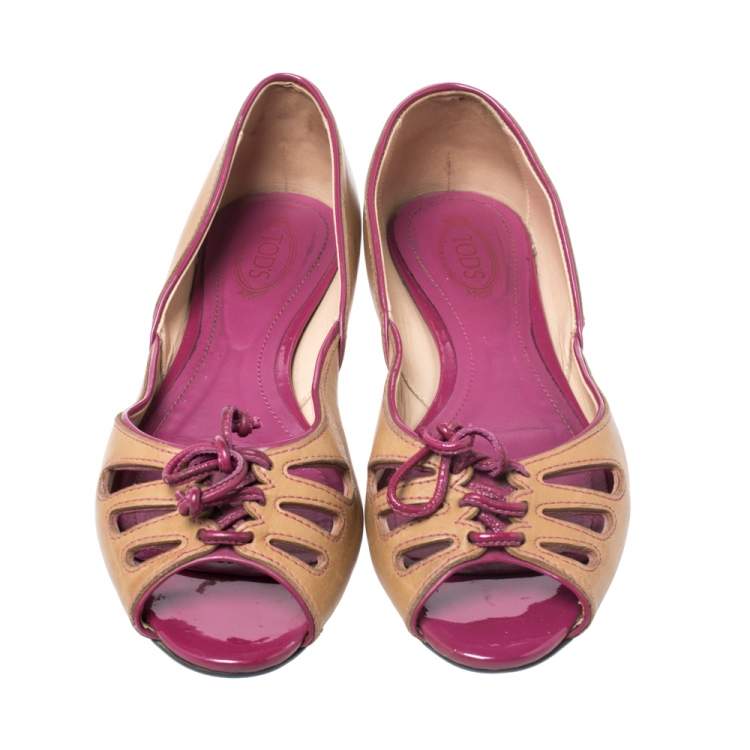 Pre Owned Tod's Brown Leather And Patent Trim Peep Toe Ballet Flats Size 37