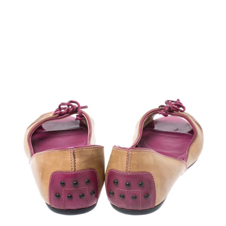 Pre Owned Tod's Brown Leather And Patent Trim Peep Toe Ballet Flats Size 37