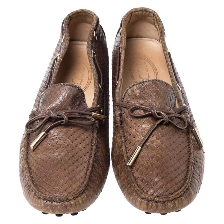 Pre Owned Tod's Brown Python Leather Bow Loafers Size 39.5