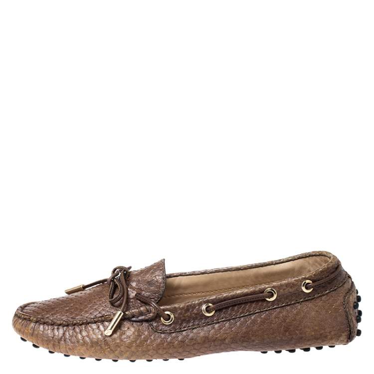 Pre Owned Tod's Brown Python Leather Bow Loafers Size 39.5
