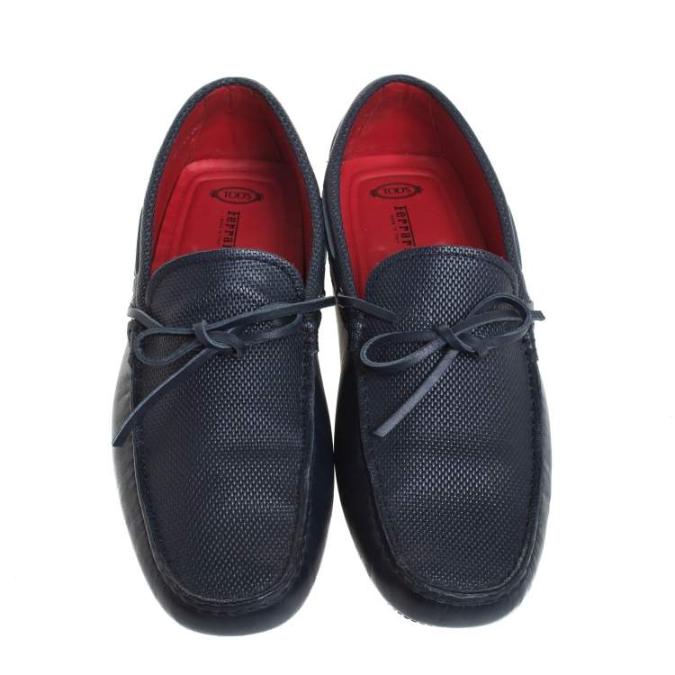 Pre Owned Tod's for Ferrari Navy Blue Leather Bow Loafers Size 40.5