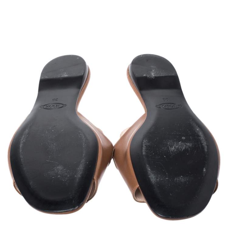 Pre Owned Tod's Brown Leather Crystal Embellished Open Toe Flat Slides Size 39