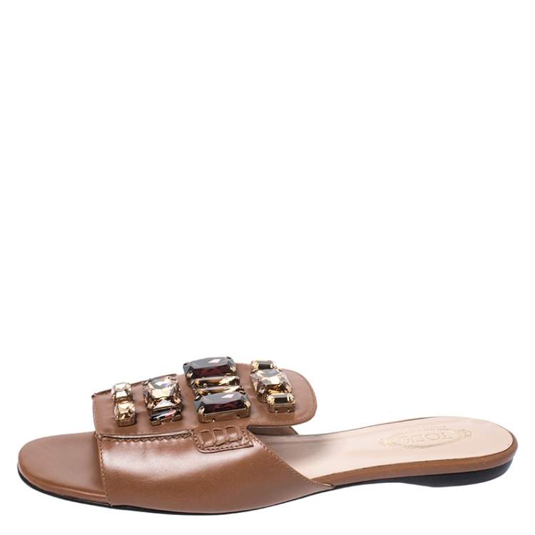 Pre Owned Tod's Brown Leather Crystal Embellished Open Toe Flat Slides Size 39