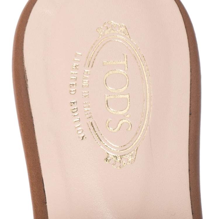 Pre Owned Tod's Brown Leather Crystal Embellished Open Toe Flat Slides Size 39