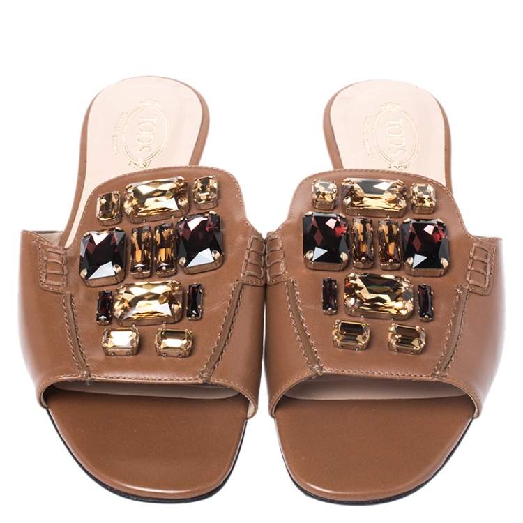 Pre Owned Tod's Brown Leather Crystal Embellished Open Toe Flat Slides Size 39