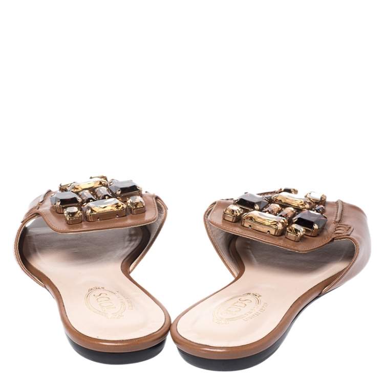 Pre Owned Tod's Brown Leather Crystal Embellished Open Toe Flat Slides Size 39