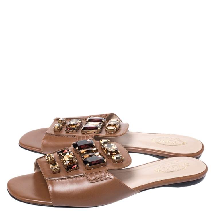 Pre Owned Tod's Brown Leather Crystal Embellished Open Toe Flat Slides Size 39