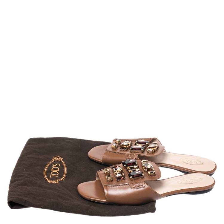 Pre Owned Tod's Brown Leather Crystal Embellished Open Toe Flat Slides Size 39