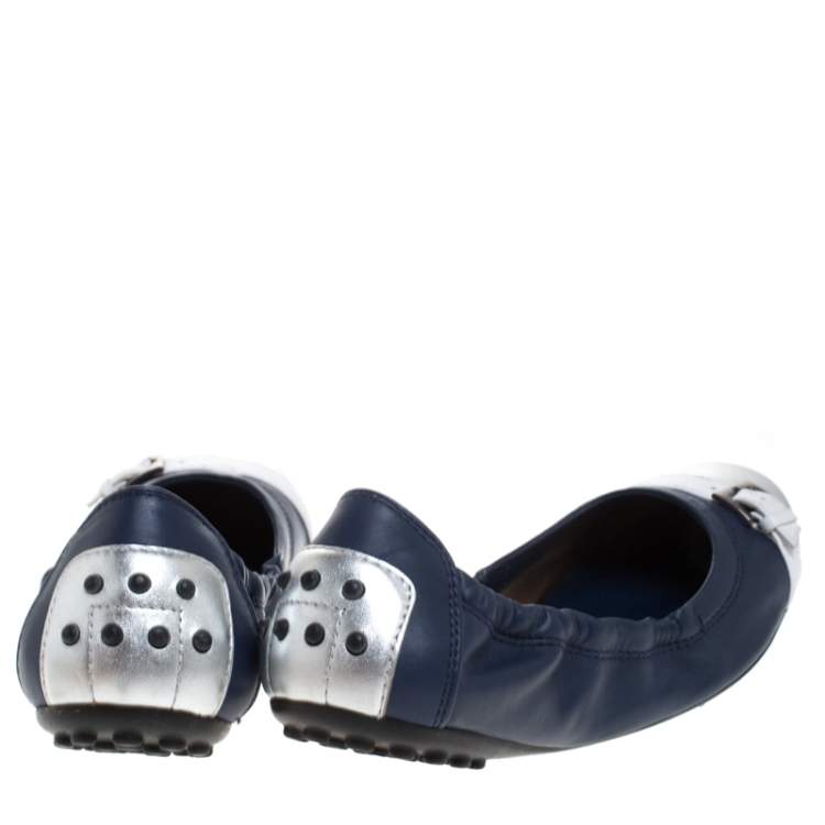 Pre Owned Tod's Blue/Silver Leather Cap Toe Scrunch Ballet Flats Size 36.5