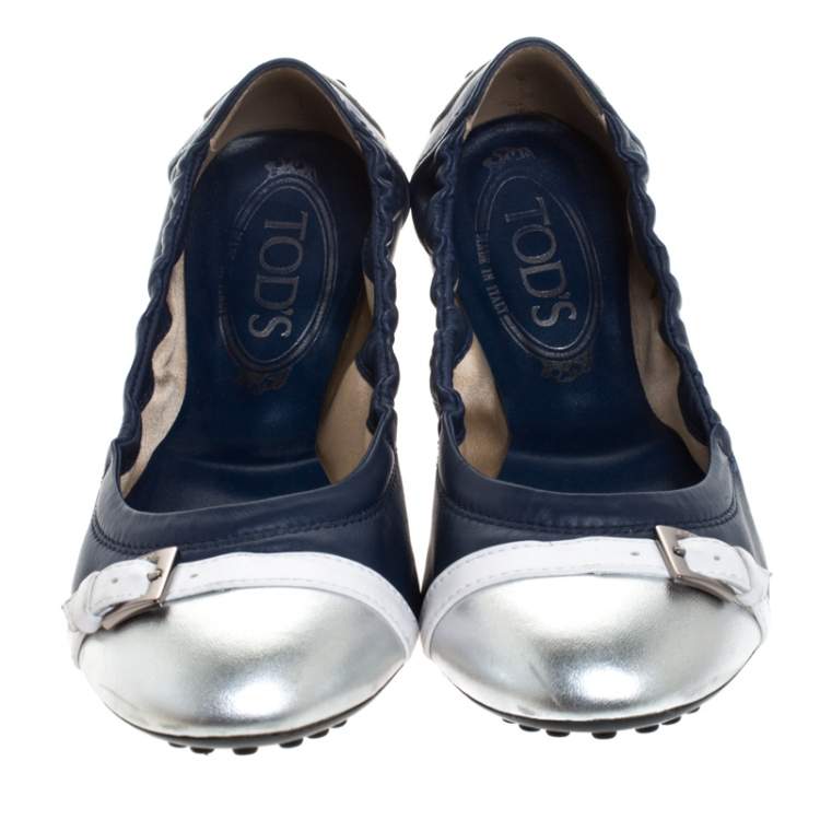 Pre Owned Tod's Blue/Silver Leather Cap Toe Scrunch Ballet Flats Size 36.5