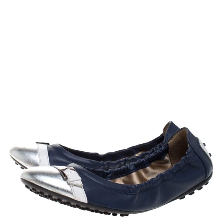 Pre Owned Tod's Blue/Silver Leather Cap Toe Scrunch Ballet Flats Size 36.5