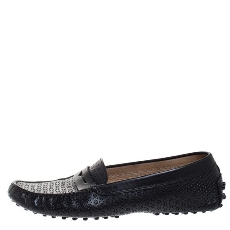 Pre Owned Tod's Black Perforated Leather Penny Slip On Loafers Size 37