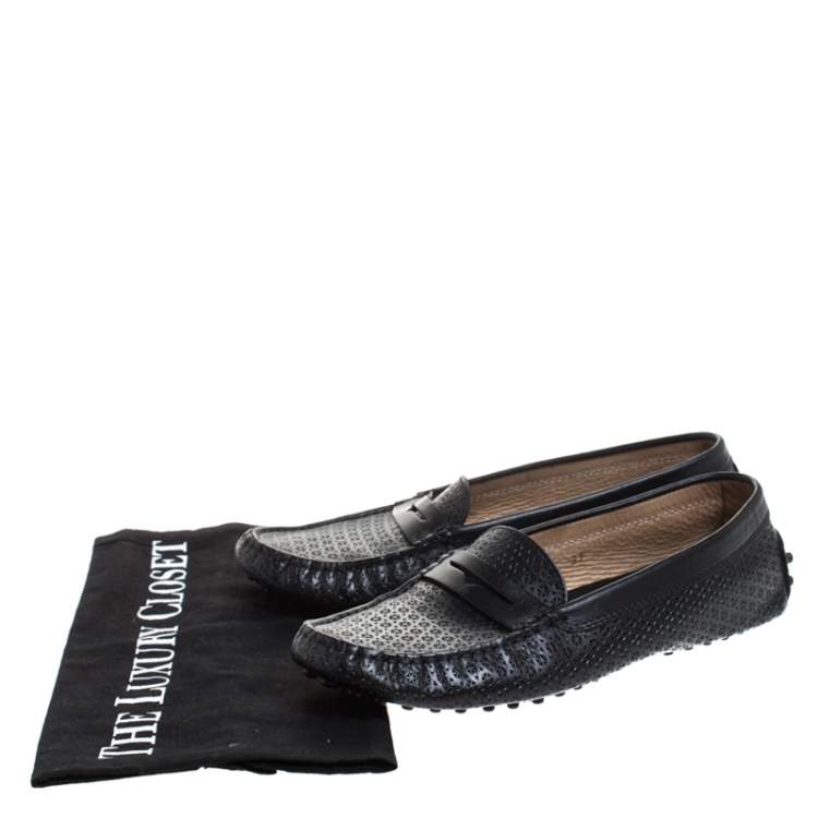 Pre Owned Tod's Black Perforated Leather Penny Slip On Loafers Size 37