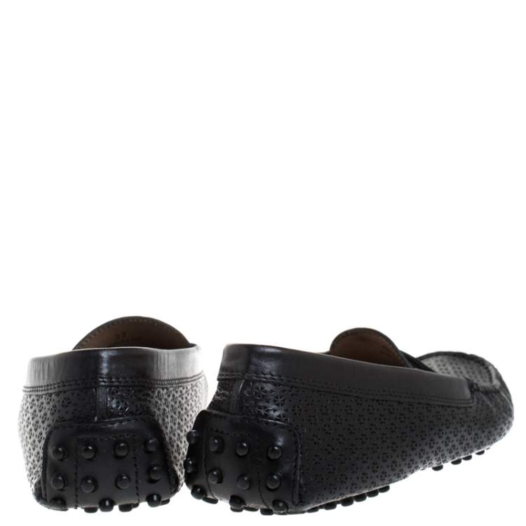 Pre Owned Tod's Black Perforated Leather Penny Slip On Loafers Size 37