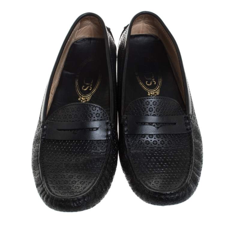 Pre Owned Tod's Black Perforated Leather Penny Slip On Loafers Size 37
