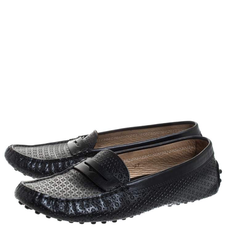 Pre Owned Tod's Black Perforated Leather Penny Slip On Loafers Size 37