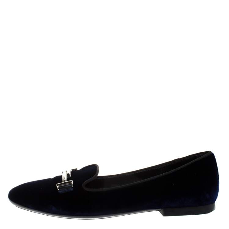 Pre Owned Tod's Blue Velvet Double T Smoking Slippers Size 37