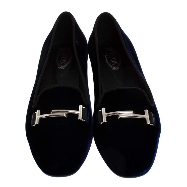 Pre Owned Tod's Blue Velvet Double T Smoking Slippers Size 37