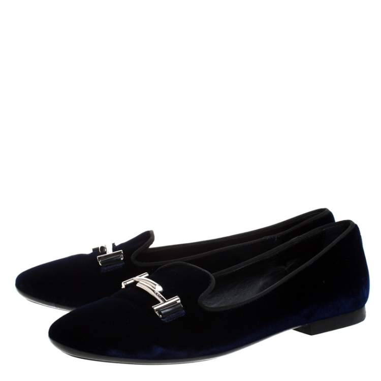 Pre Owned Tod's Blue Velvet Double T Smoking Slippers Size 37
