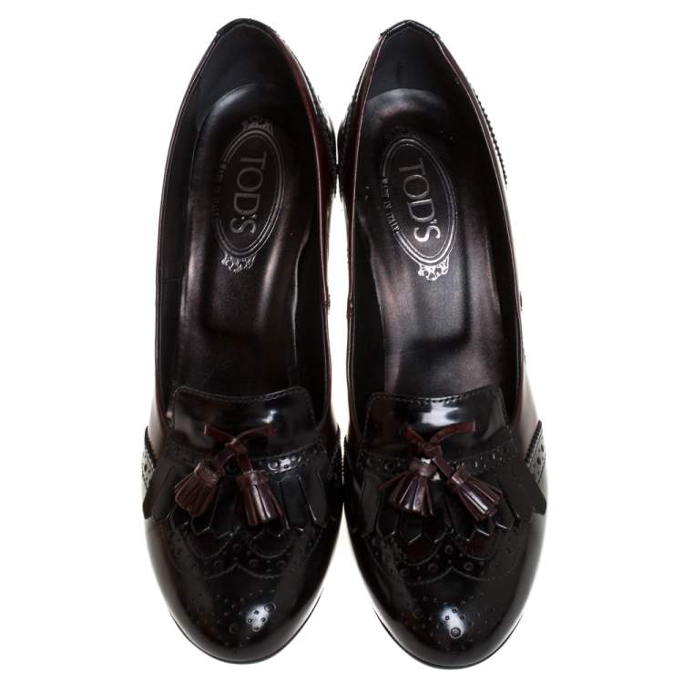 Pre Owned Tod's Dark Maroon Brogue Leather Fringe Pumps Size 41
