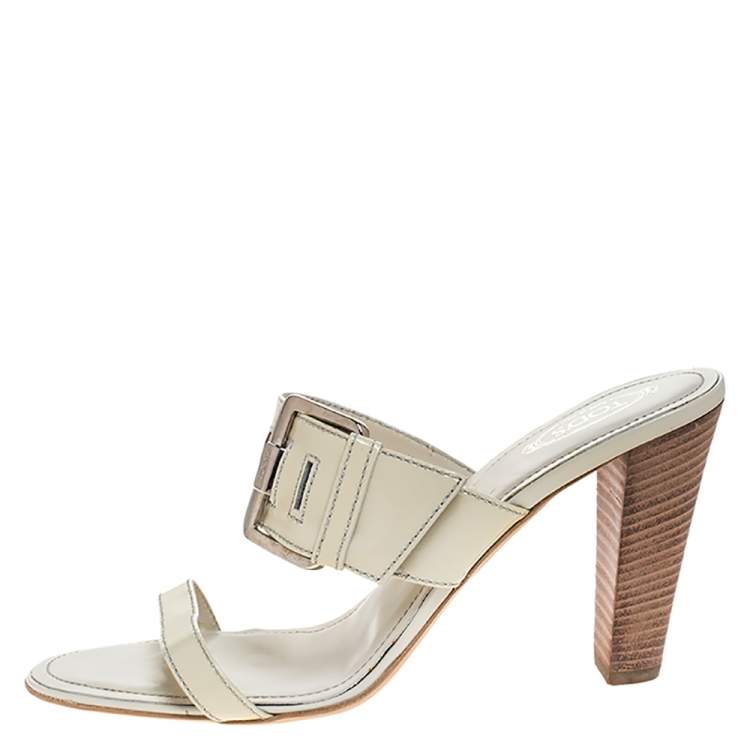 Pre Owned Tod's White Patent Leather Peggy Buckle Slide Sandals Size 41