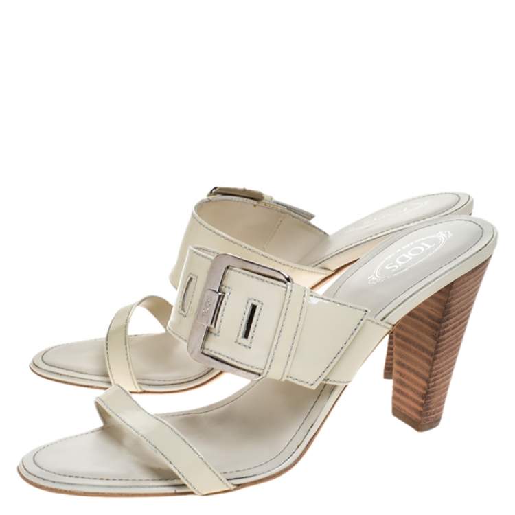 Pre Owned Tod's White Patent Leather Peggy Buckle Slide Sandals Size 41