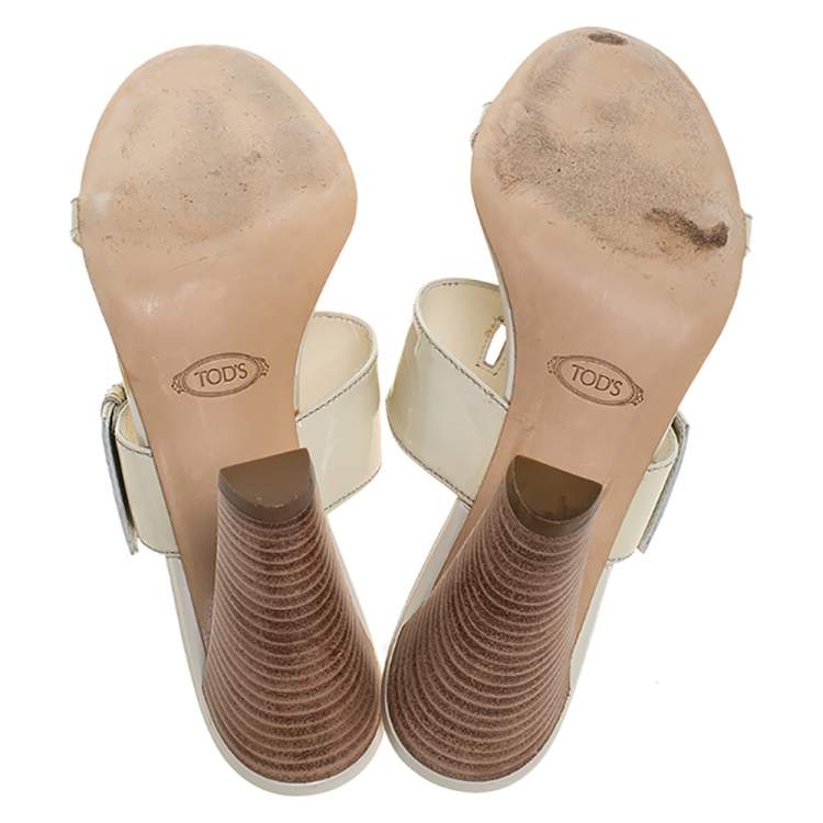 Pre Owned Tod's White Patent Leather Peggy Buckle Slide Sandals Size 41