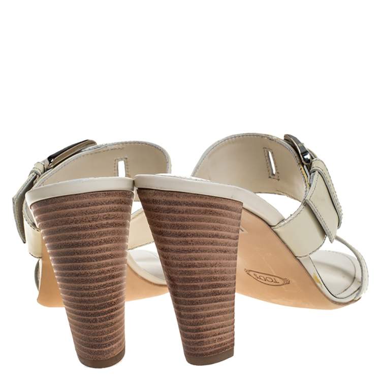 Pre Owned Tod's White Patent Leather Peggy Buckle Slide Sandals Size 41