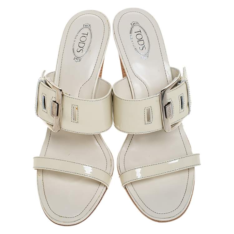 Pre Owned Tod's White Patent Leather Peggy Buckle Slide Sandals Size 41