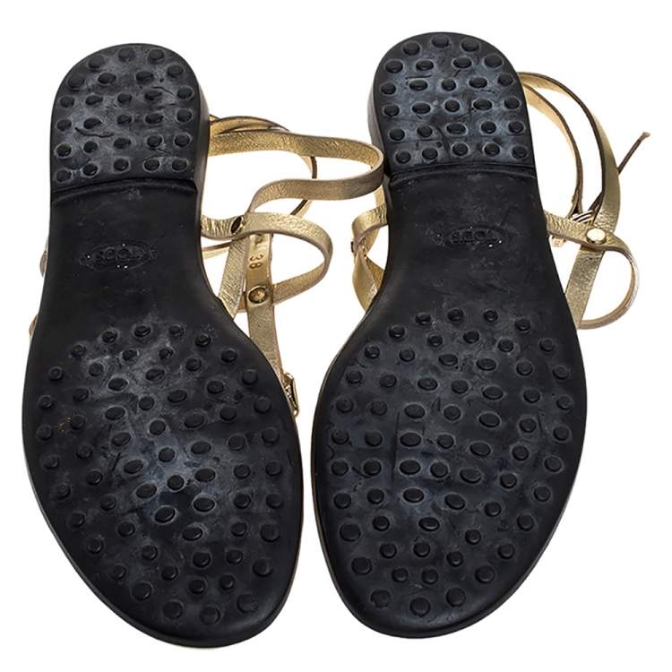 Pre Owned Tod's Gold Leather Studded Buckle Detail Ankle Wrap Flat Sandals Size 38