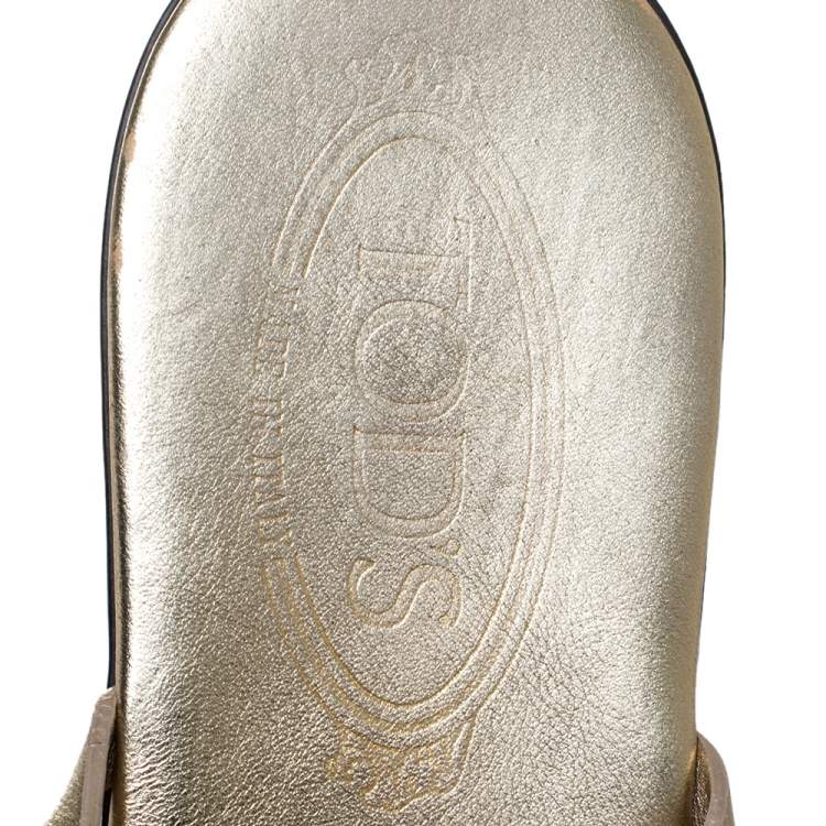 Pre Owned Tod's Gold Leather Studded Buckle Detail Ankle Wrap Flat Sandals Size 38
